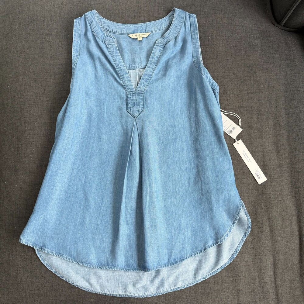 NWT Liverpool Los Angeles Chambray Denim Sleeveless Top Blouse Size L $75
